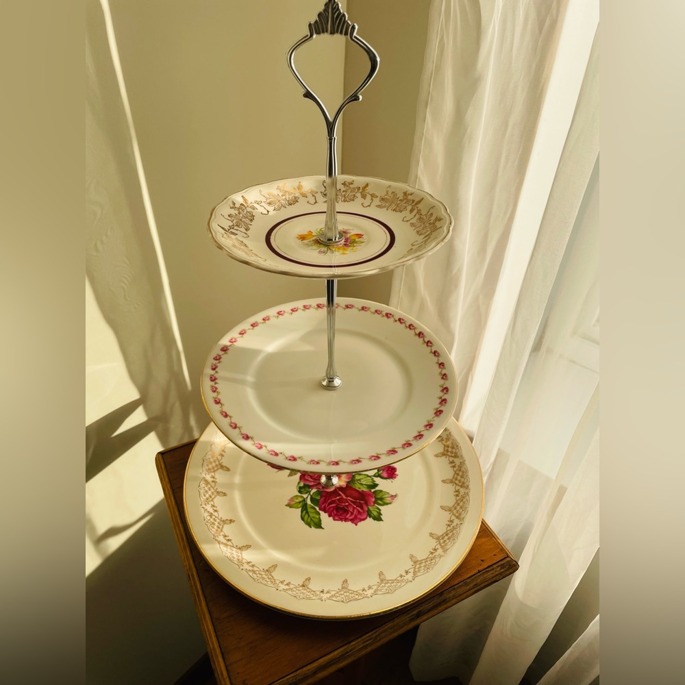 Vintage Three-Tier Floral Serving Stand - Cream with Pink and Green Accents